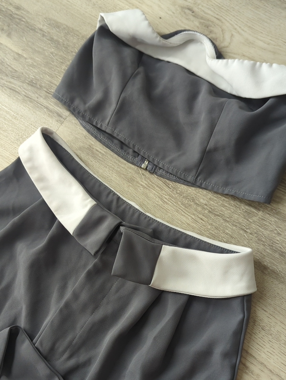 Two-Piece Strapless Gray and White Crop Top + Pants Set - Picture 3 of 3